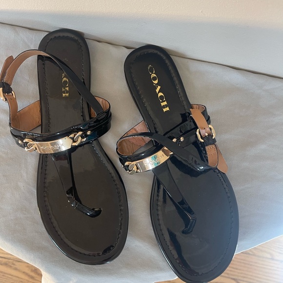 Coach Caterine Black Tan Women's Sandals 8.5 Shoes A7799 Designer Leather - Picture 3 of 6